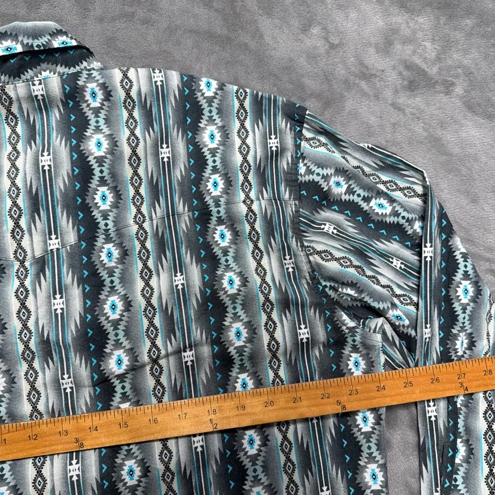 Wrangler Brush Popper Shirt Mens Large Blue Aztec Southwestern‎ Pearl Snap